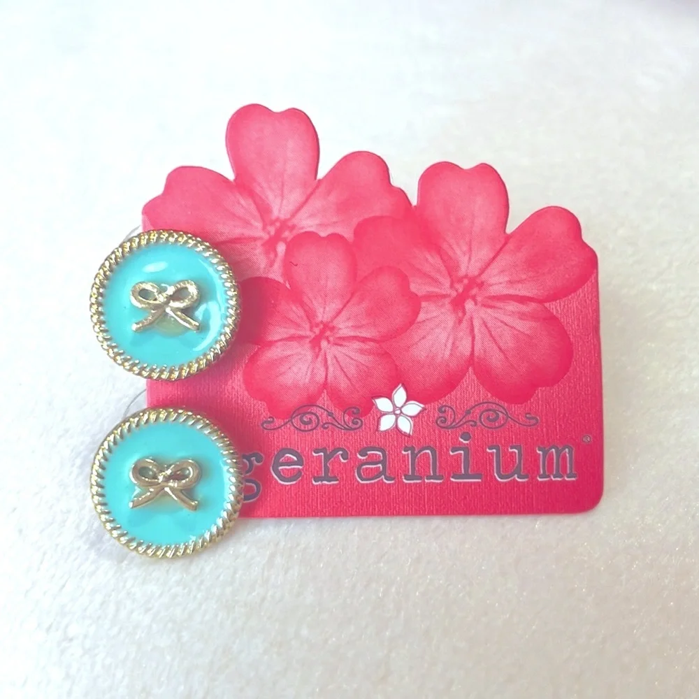 Geranium Round Blue Enamel Circle Gold Tone Bow Earrings